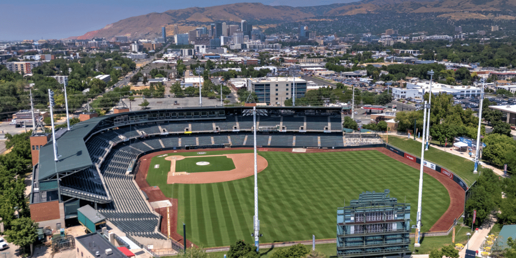 Aerial view of Smith's Ballpark in the Ballpark neighborhood of Salt Lake City Utah
