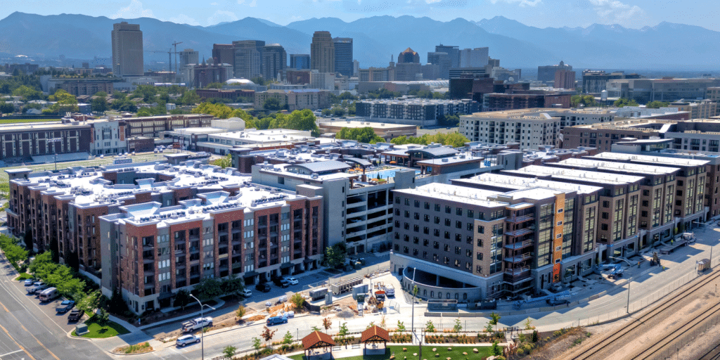 Aerial view of condos in the Fairpark neighborhood in Salt Lake City Utah
