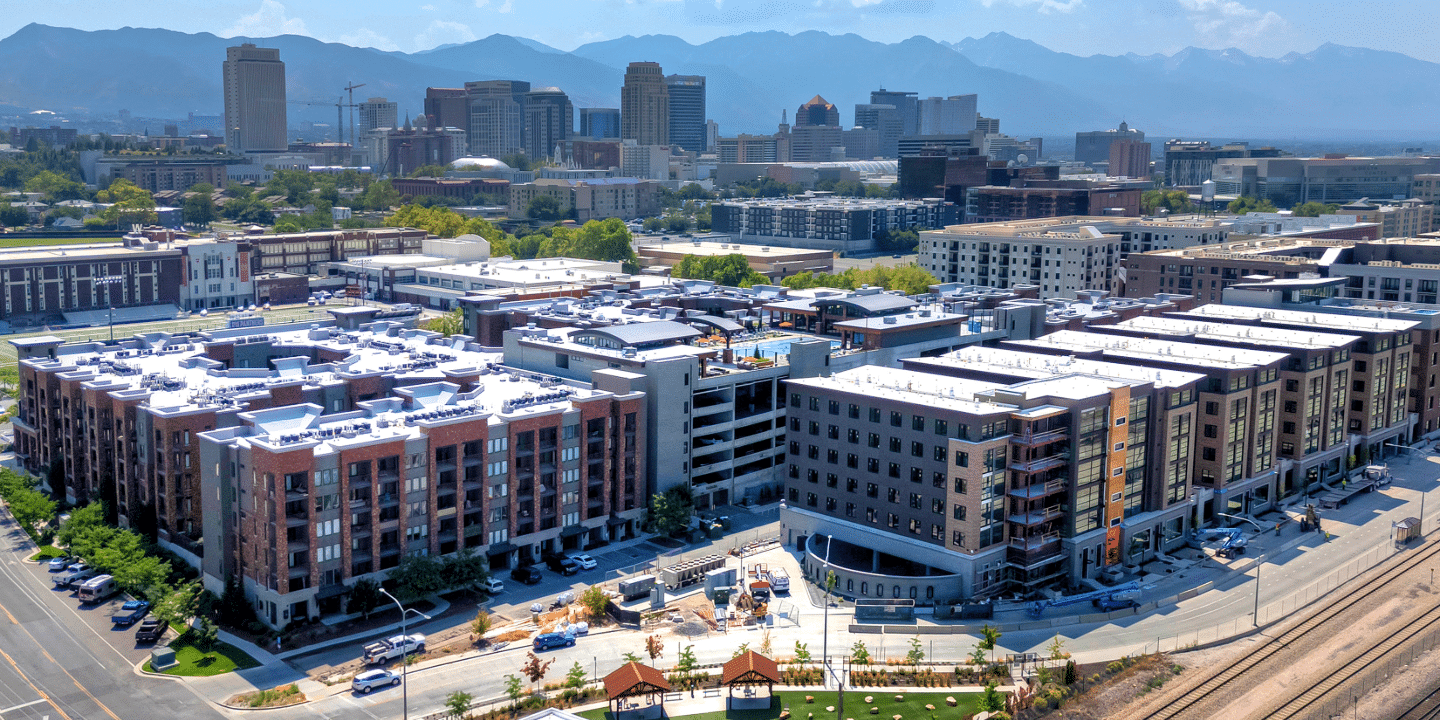 Aerial view of condos in the Fairpark neighborhood in Salt Lake City Utah